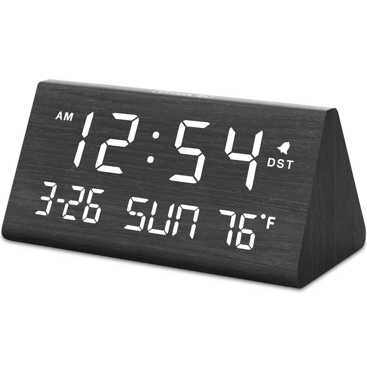 DreamSky digital alarm clock wooden front view with large display for easy readability.