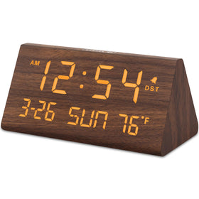 DreamSky digital wooden alarm clock shows time and date for easy bedside viewing.