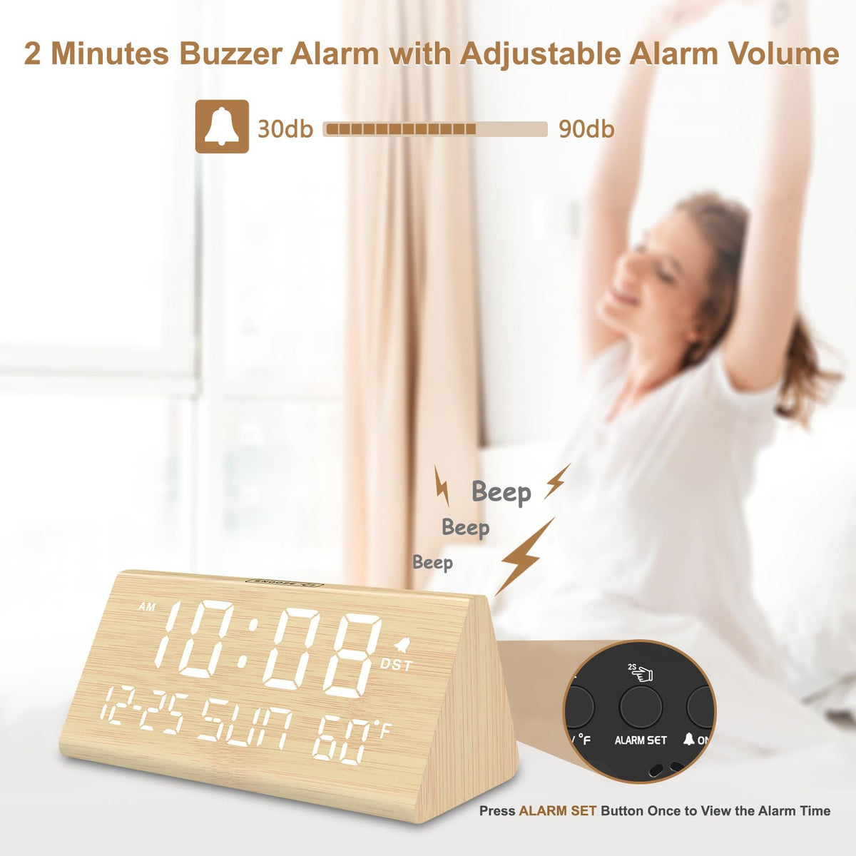 DreamSky clock with USB port charges a phone from the nightstand.