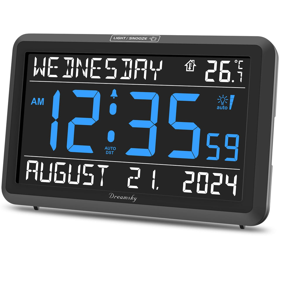 DreamSky large digital clock front display shows time, date, and temperature clearly.