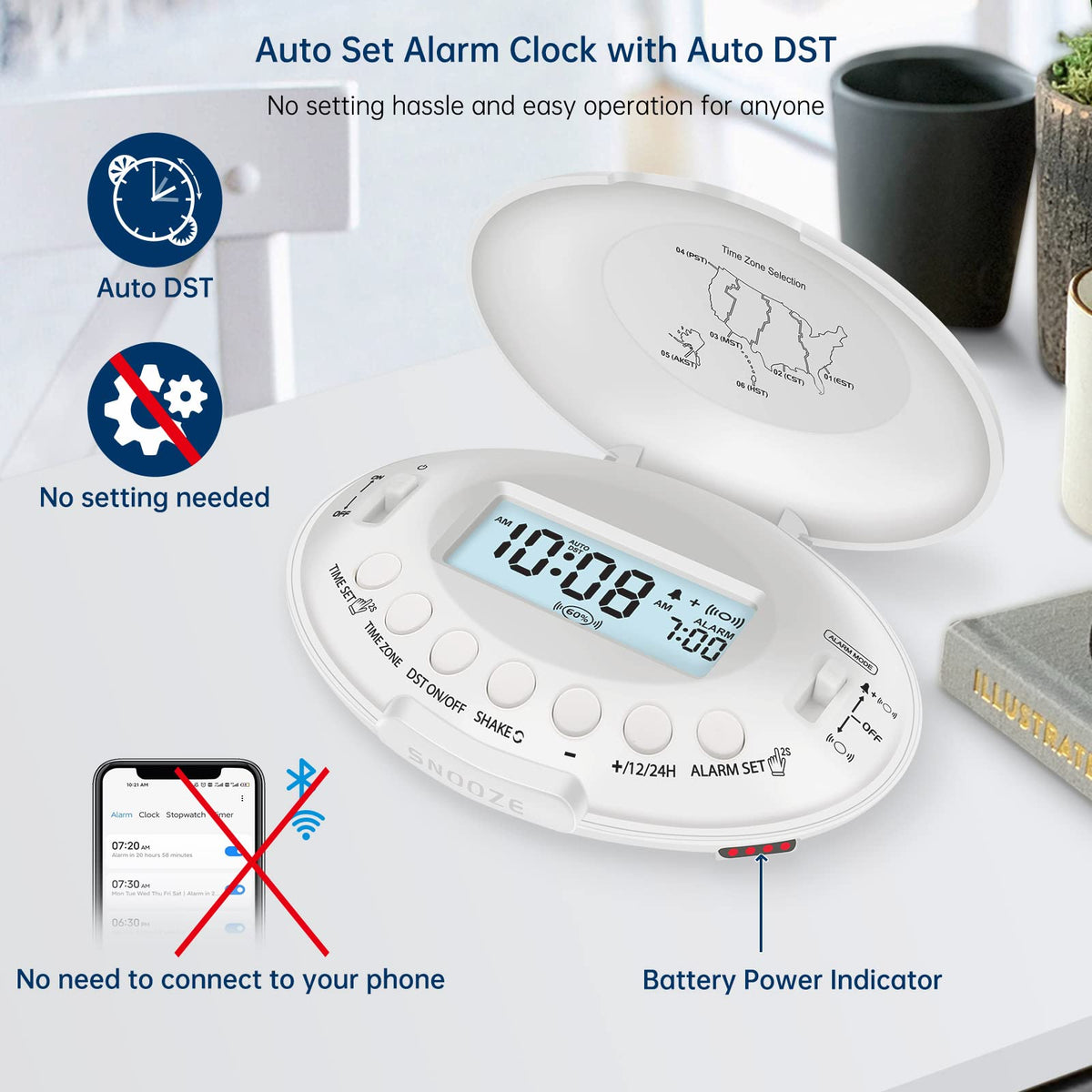 DreamSky clock with rechargeable battery and power indicator for reliability