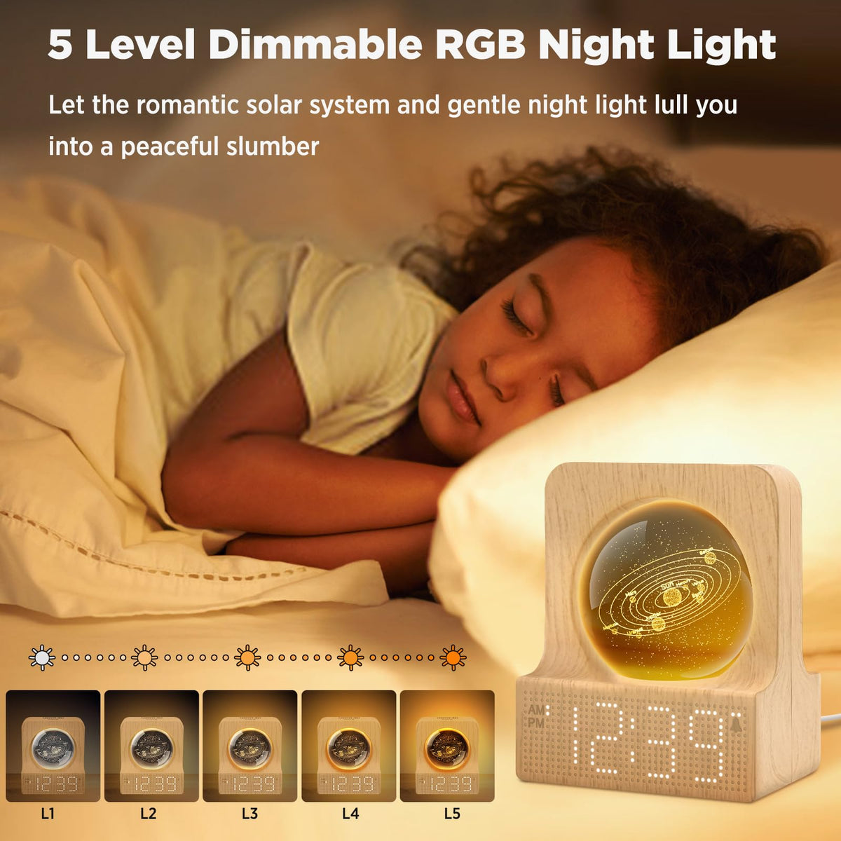 DreamSky dimmable brightness control with five levels for easy reading