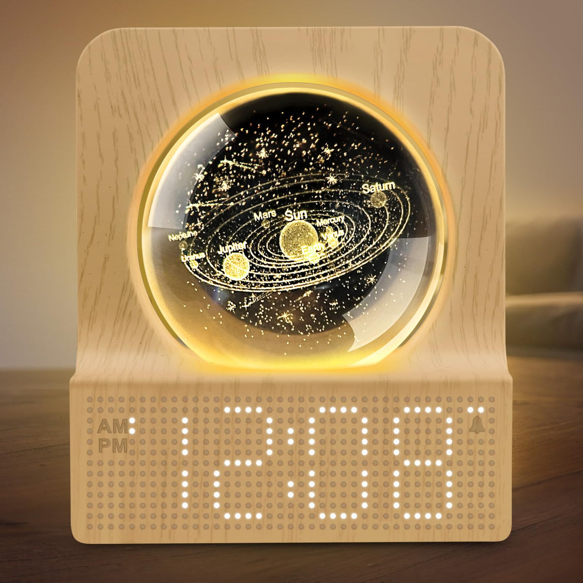 DreamSky Space Alarm Clock in wood grain front view for a stylish bedside setup