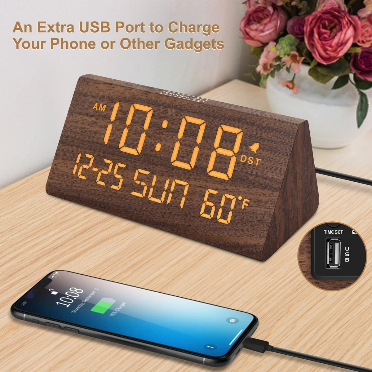 DreamSky clock USB port enables convenient overnight device charging.