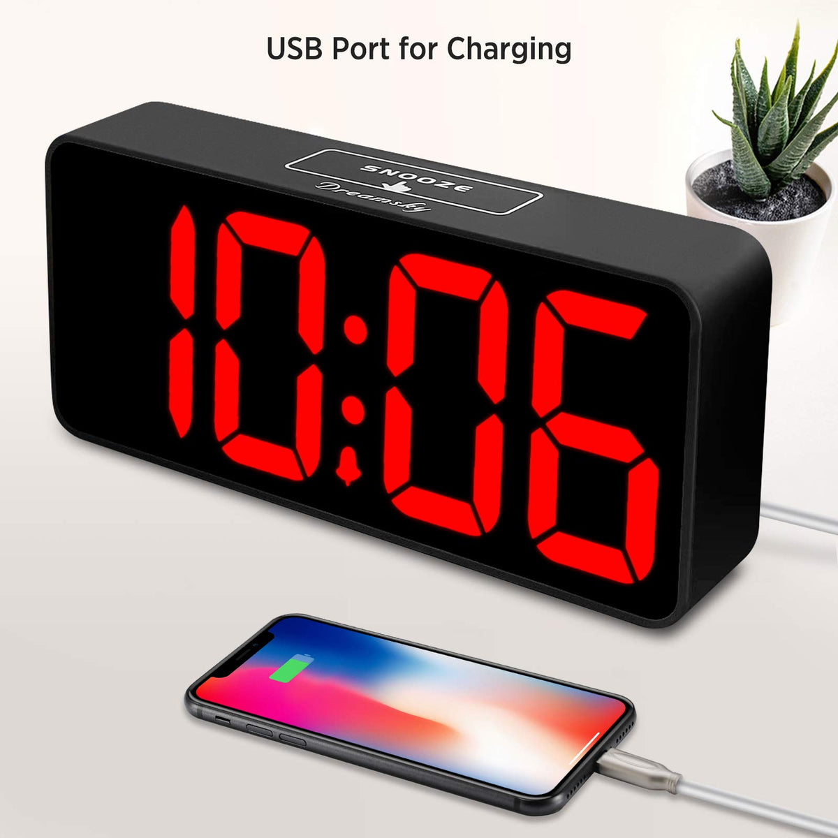 DreamSky USB port charges devices on the nightstand without clutter.