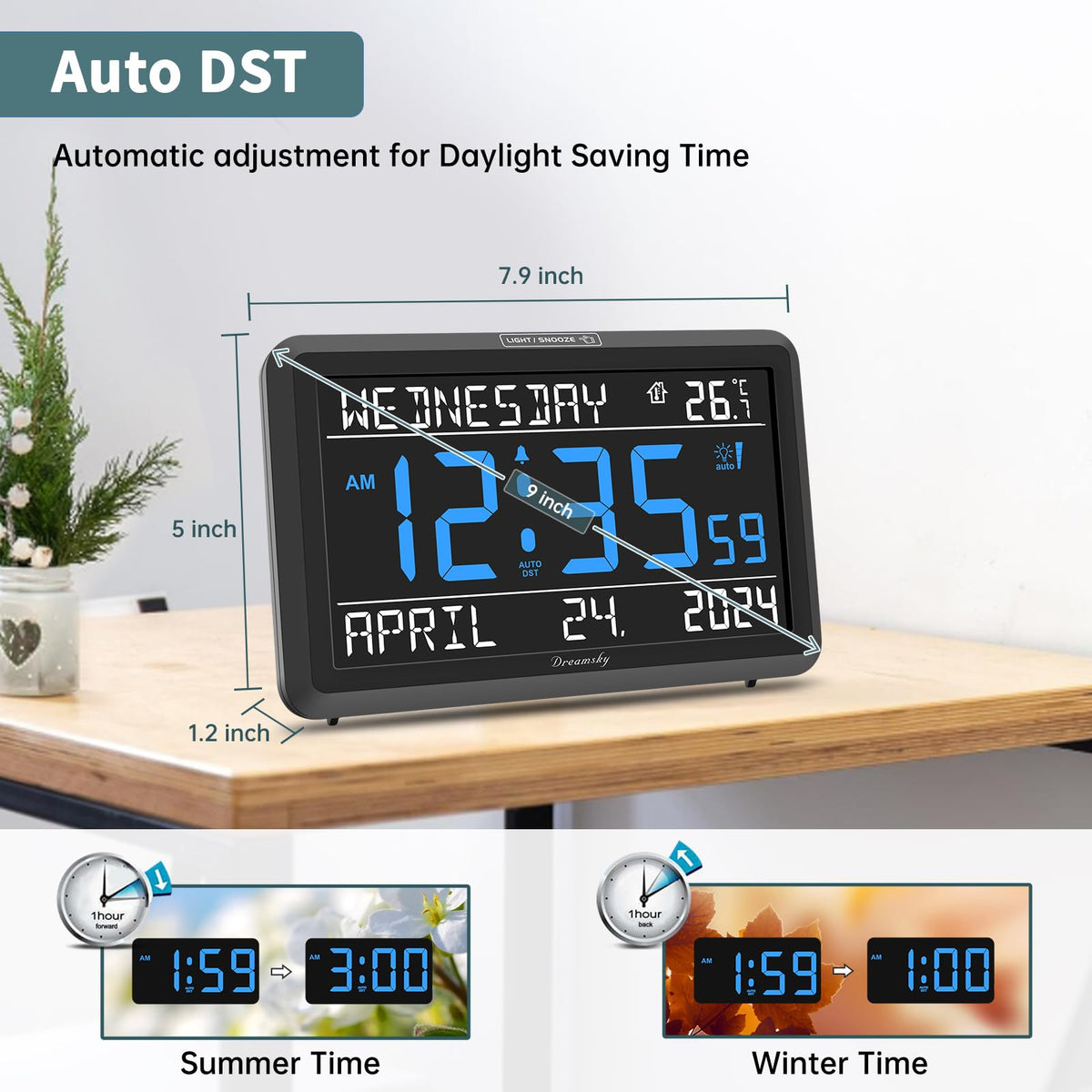 DreamSky desk clock includes USB port for charging devices at bedside.