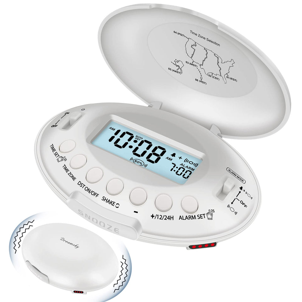 DreamSky vibrating alarm clock on nightstand with bed shaker ready to wake heavy sleepers
