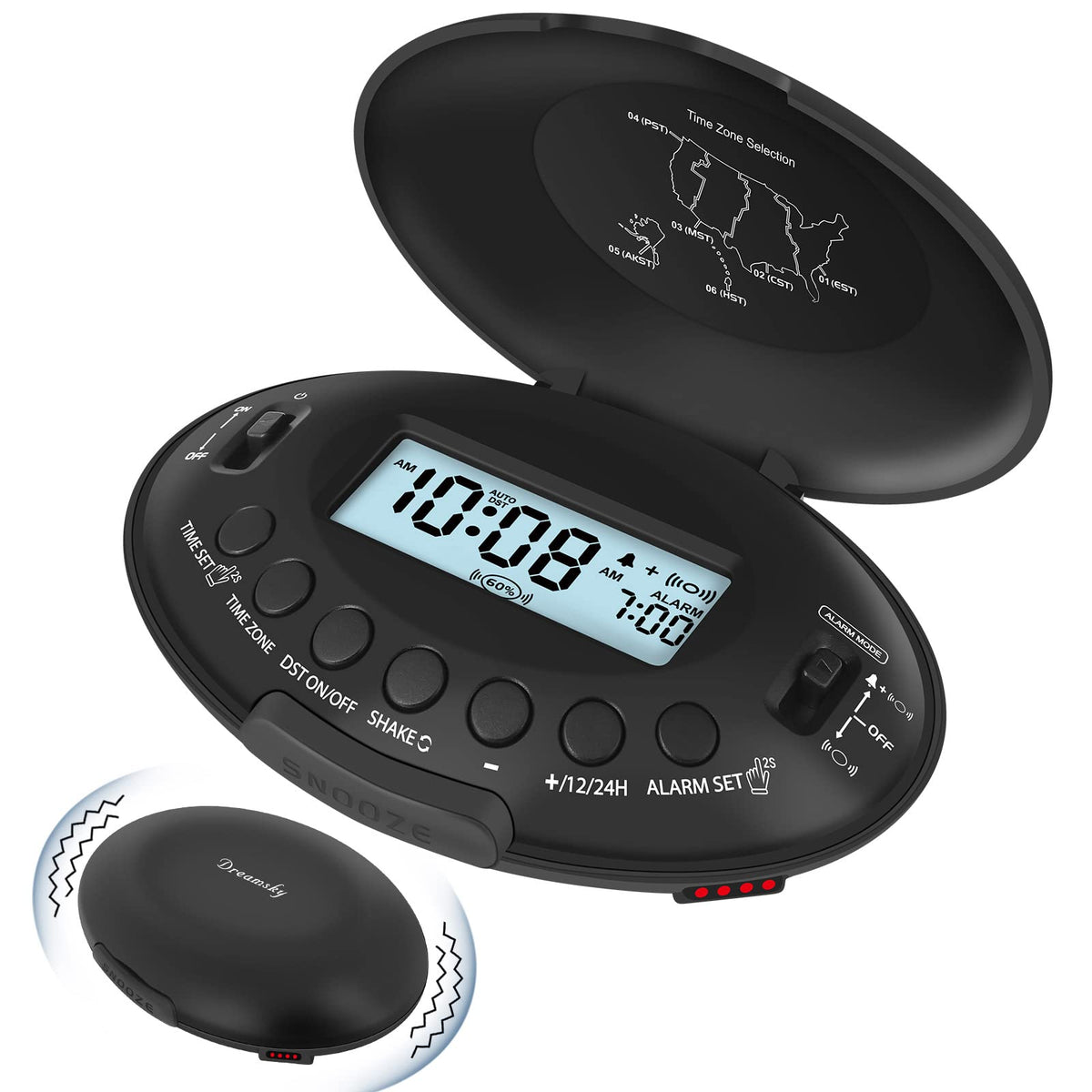 DreamSky vibrating alarm clock, front view with clear display for quick time reading