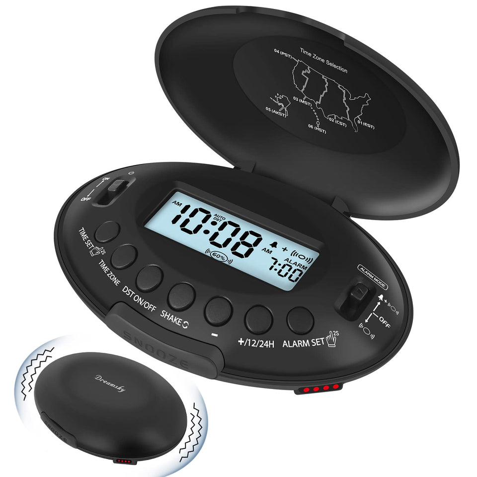 DreamSky vibrating alarm clock, front view with clear display for quick time reading