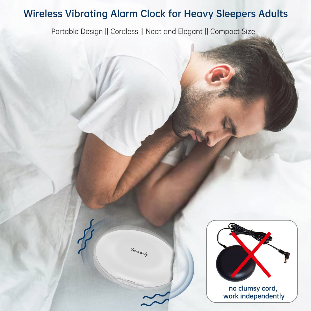 DreamSky vibrating alarm clock tucked under a pillow for discreet waking