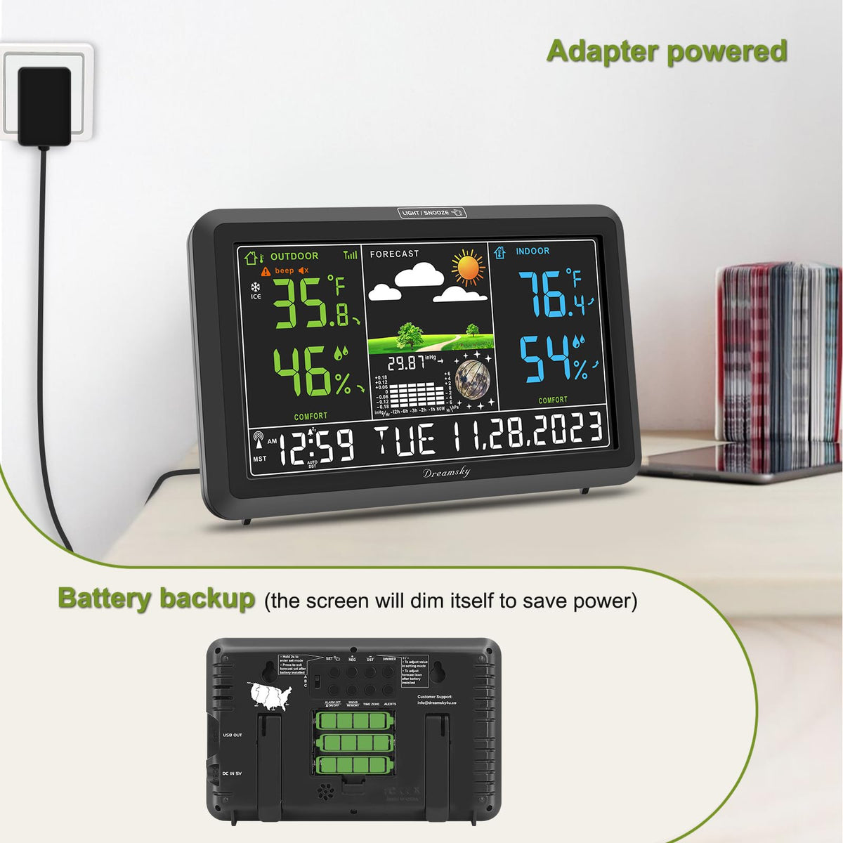 DreamSky weather station with USB port for convenient charging and backup power.