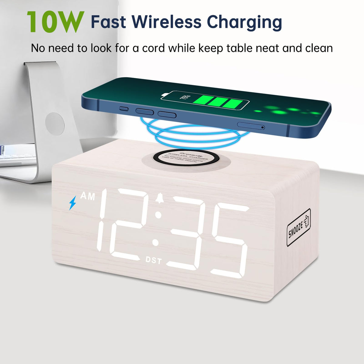 DreamSky wireless charging dock close-up showing a clean bedside setup.