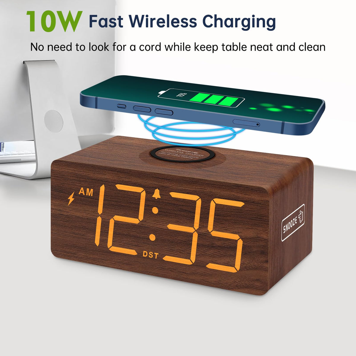 DreamSky wireless charging dock powers a phone at the clock.