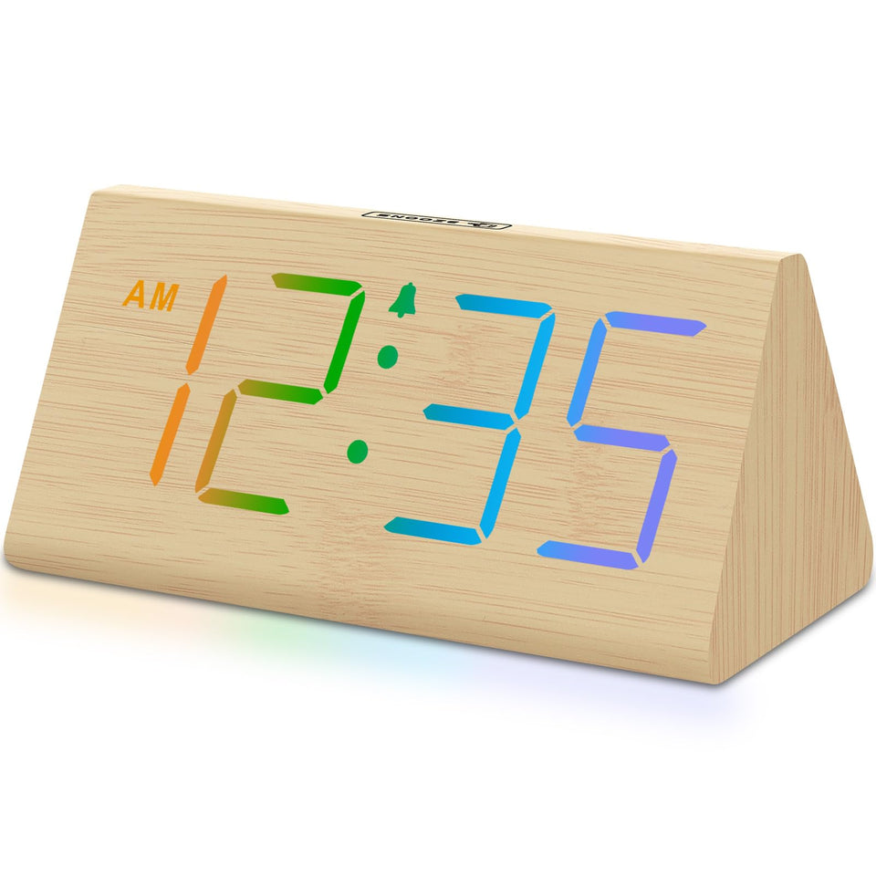 DreamSky wooden alarm clock with large numbers for easy bedroom reading.