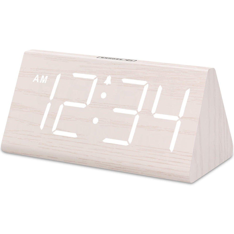 DreamSky wooden alarm clock with large numbers for easy bedside reading.