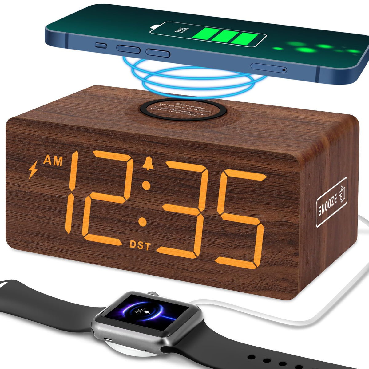 DreamSky wooden alarm clock with large digits for easy bedside viewing.