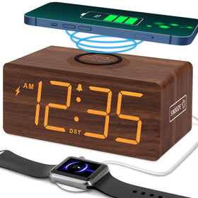 DreamSky wooden alarm clock with large digits for easy bedside viewing.