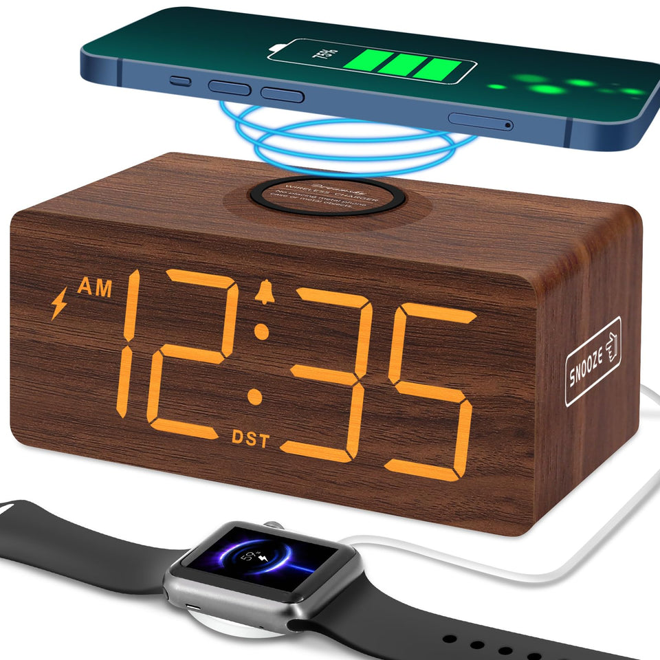 DreamSky wooden alarm clock with large digits for easy bedside viewing.