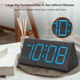 DreamSky wooden alarm clock displays dimmable brightness for comfortable night viewing