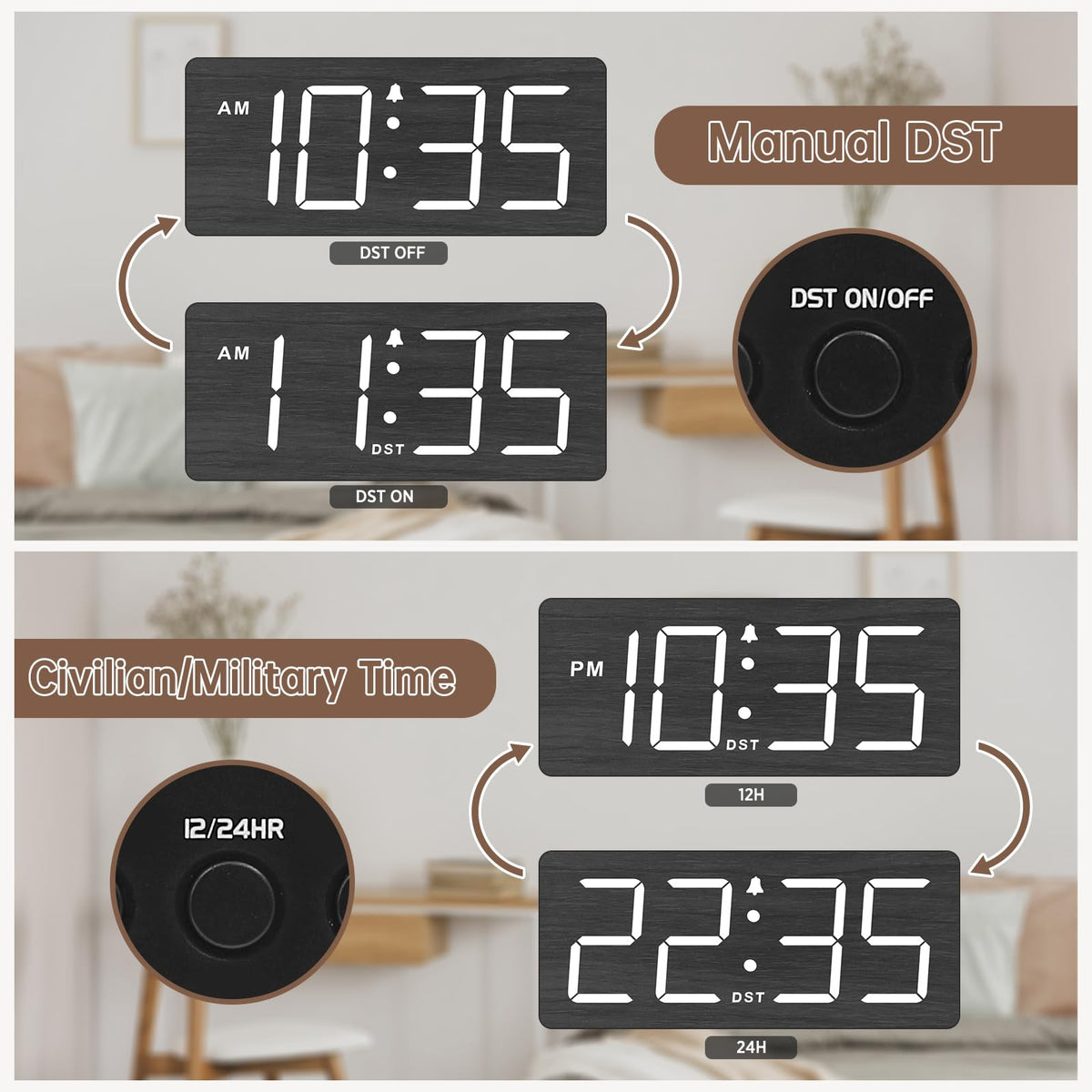 DreamSky clock demonstrating DST and 12/24 time formats