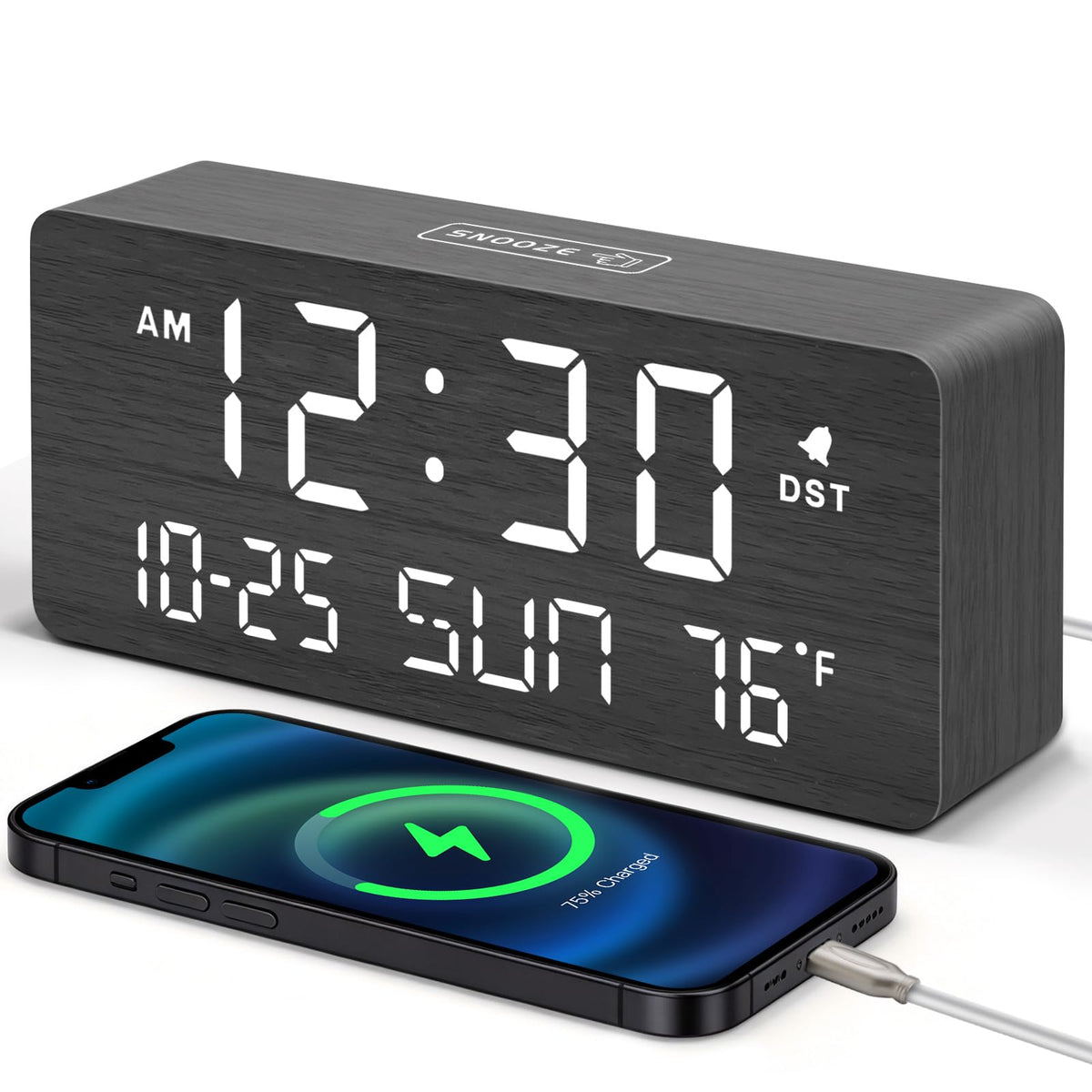 DreamSky wooden alarm clock front display shows time, date, and temperature at a glance.