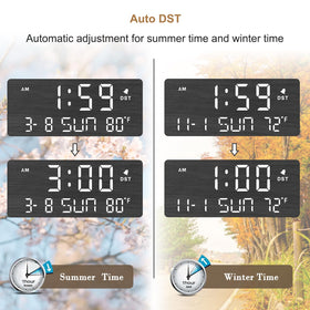 DreamSky alarm clock keeps time settings with memory battery during power cuts.