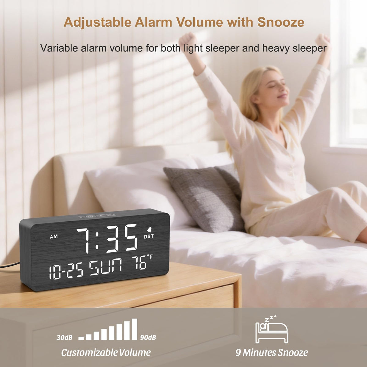 DreamSky clock USB port lets you charge devices from your nightstand.