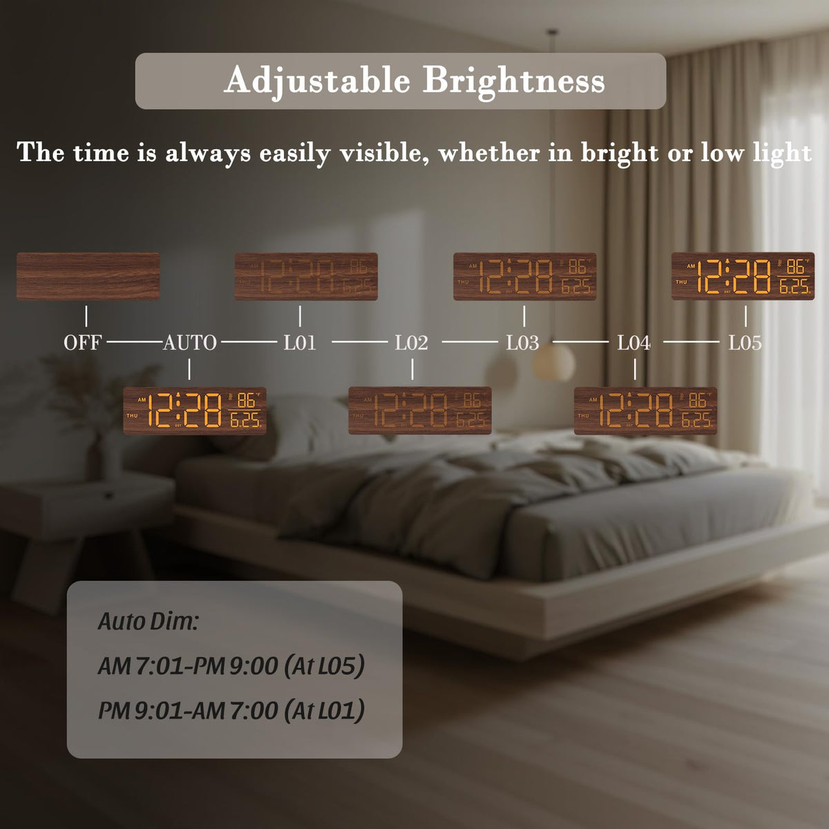 DreamSky wooden clock features dimmer settings for night and day viewing.
