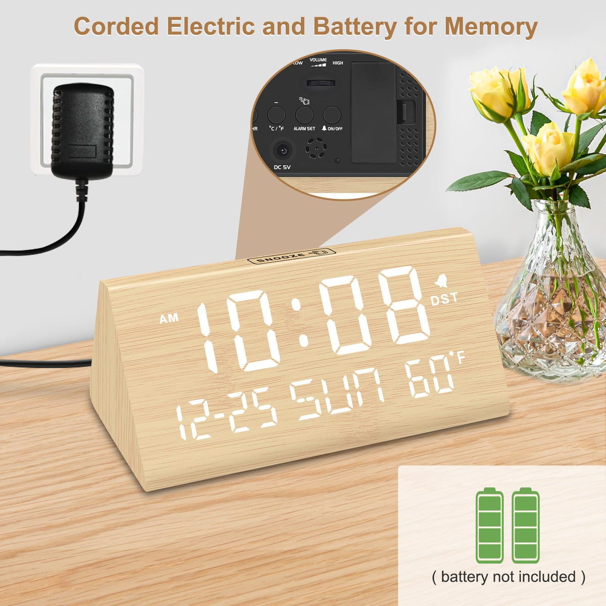 DreamSky wooden desk clock with brightness control for day and night.