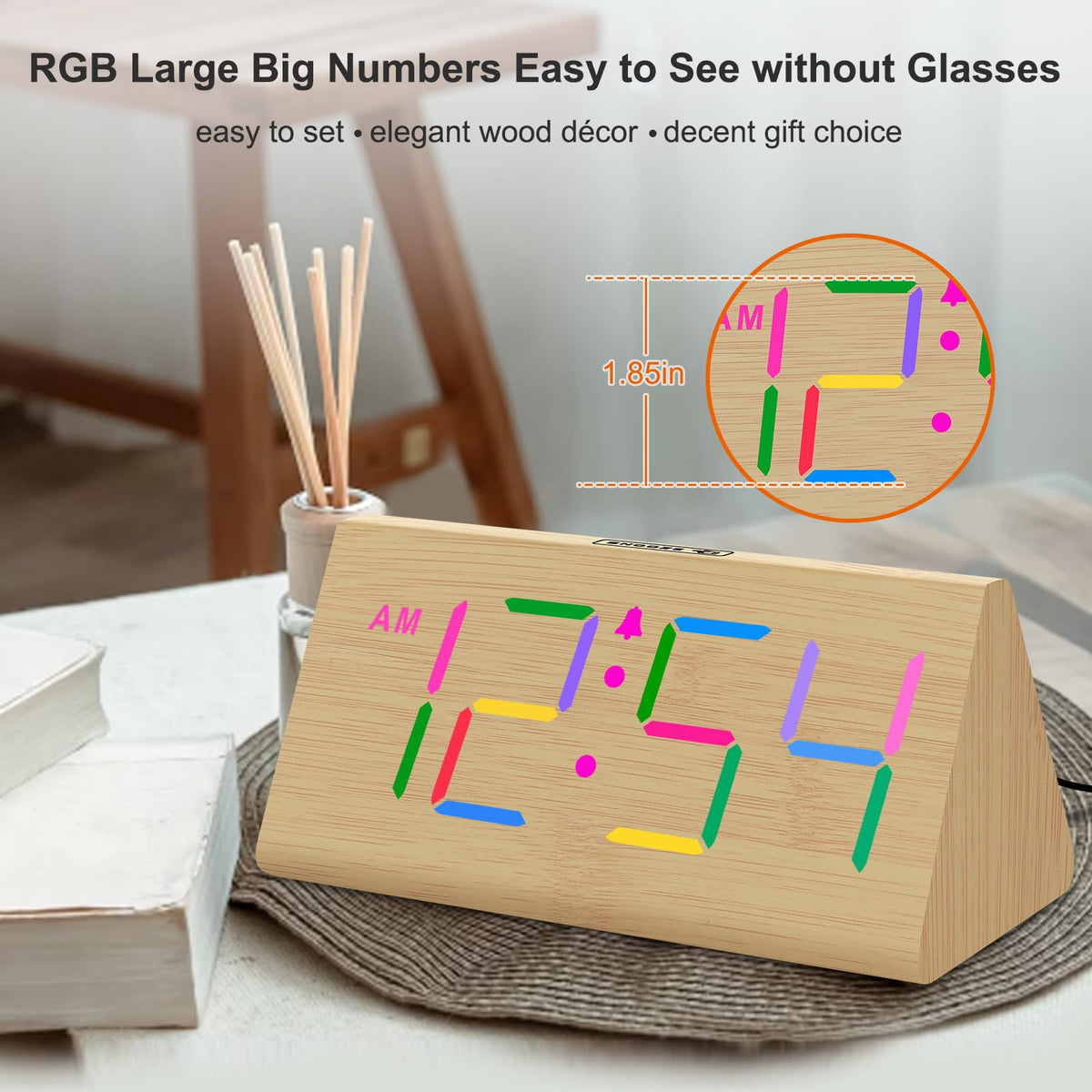 DreamSky wooden desk clock with RGB display for a vibrant, modern vibe.