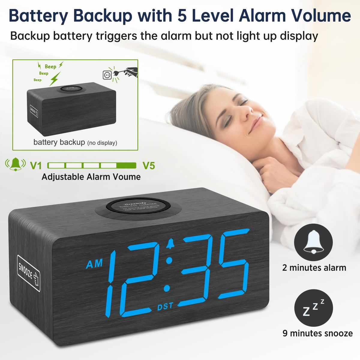 DreamSky clock backup battery ensures alarm during power outages.