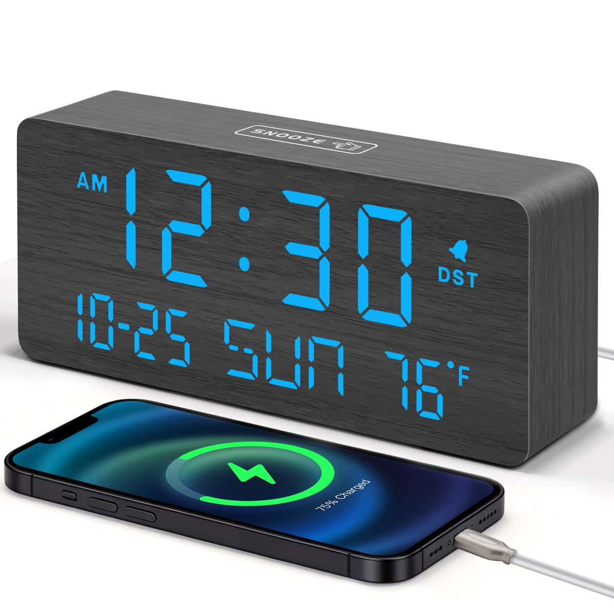 DreamSky wooden digital alarm clock on a bedside stand showing time, date, and temperature clearly