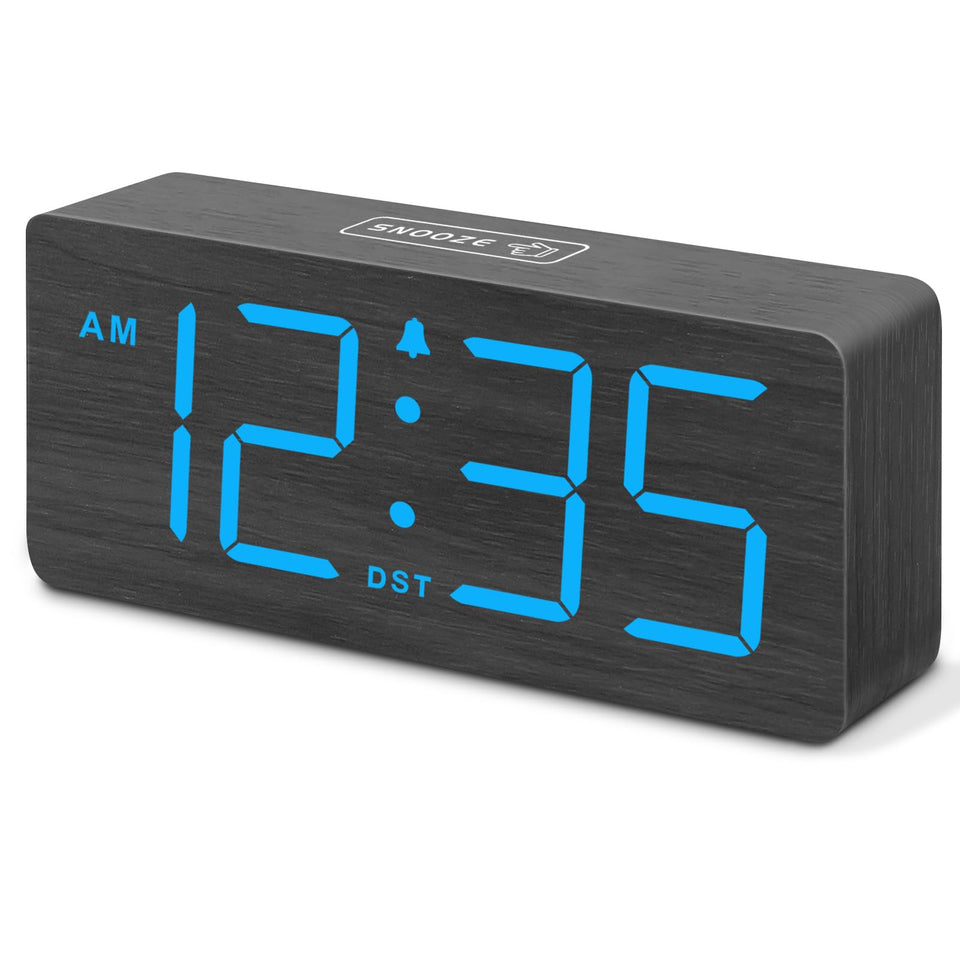 DreamSky wooden clock in a bedroom with clear bedside visibility.