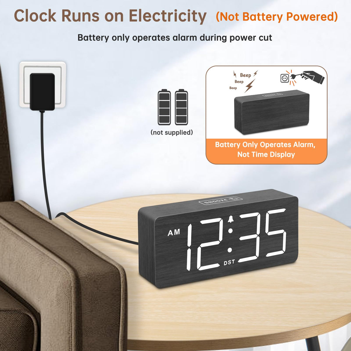 DreamSky wooden alarm clock showing big numbers for clear nightly viewing