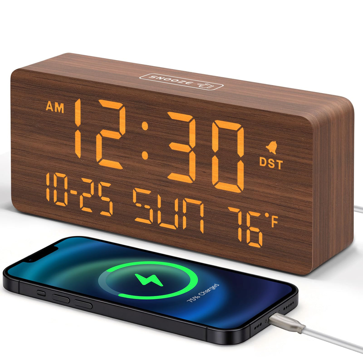 DreamSky wooden alarm clock displays big numbers for easy viewing from across the room