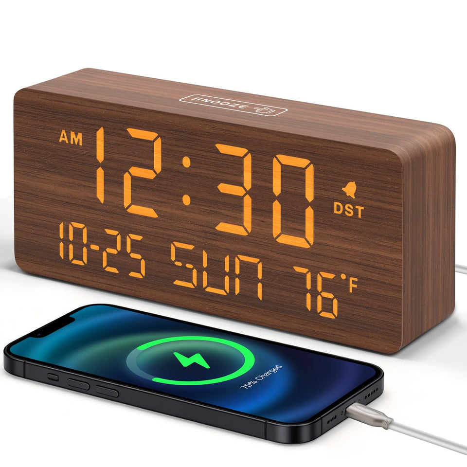 DreamSky wooden alarm clock displays big numbers for easy viewing from across the room