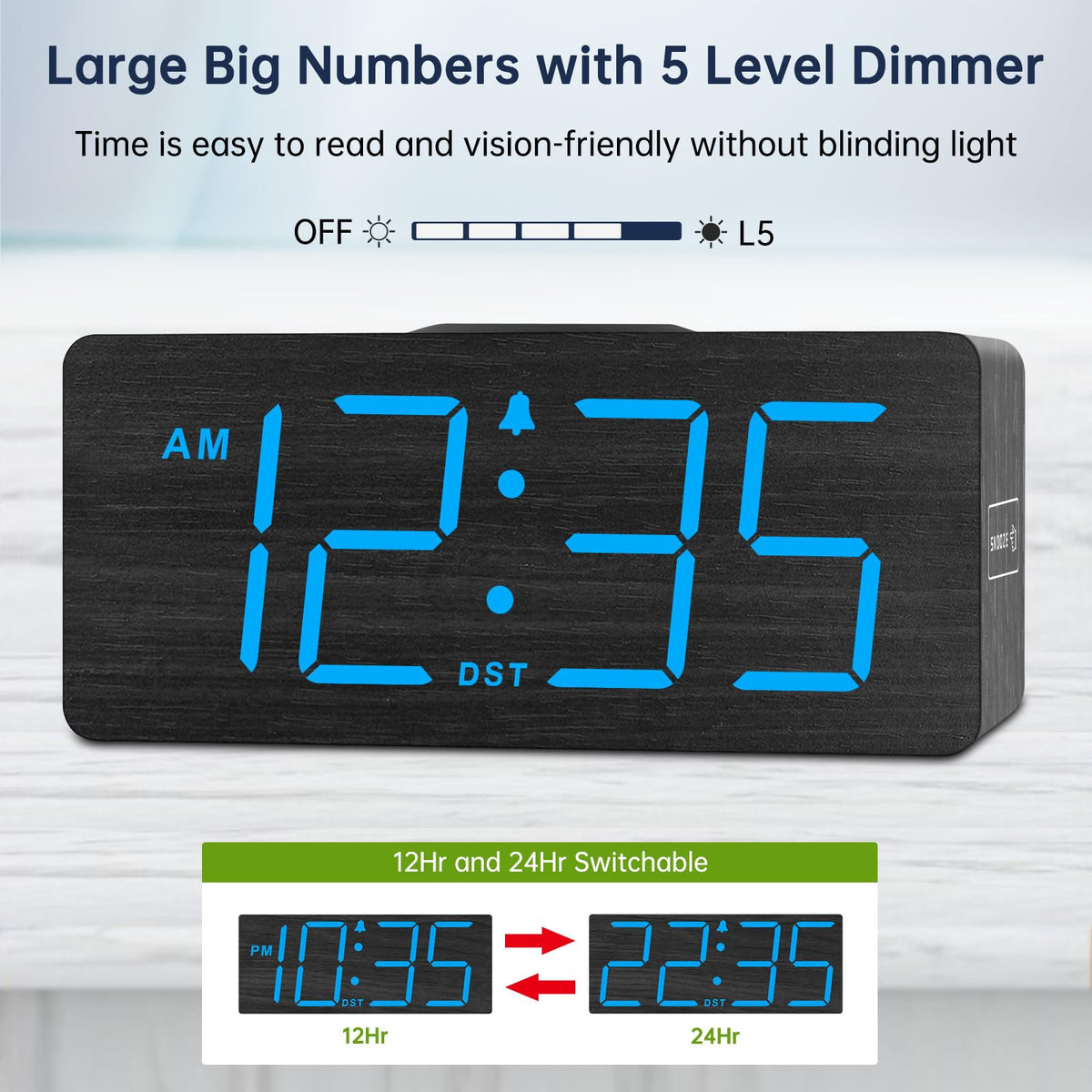 DreamSky clock at low brightness reducing glare for night use.