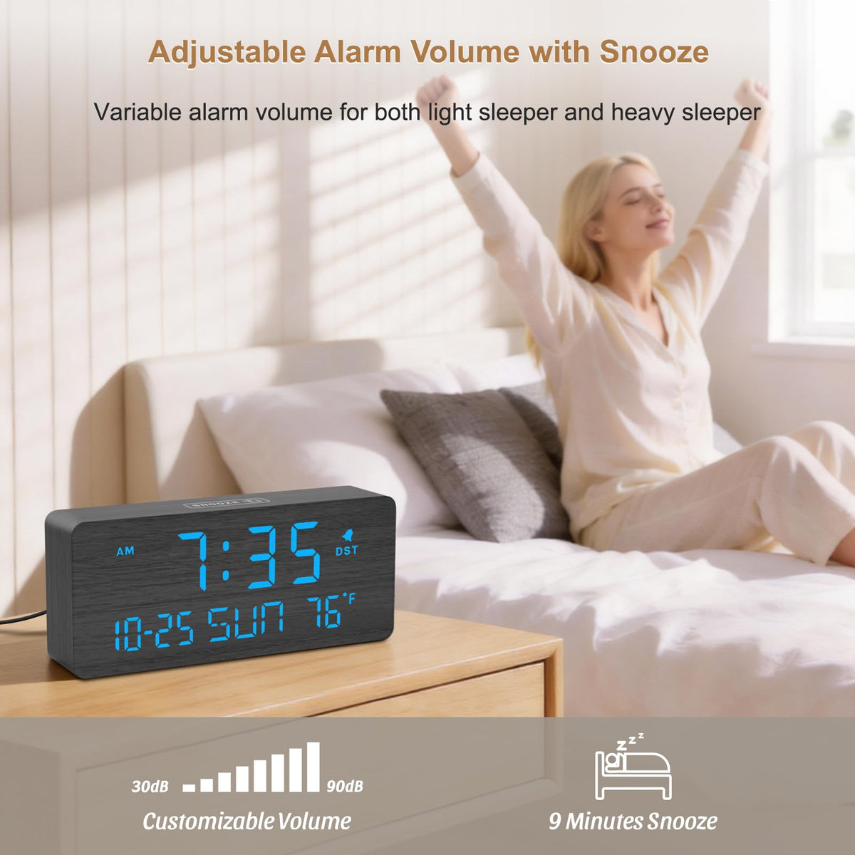 DreamSky alarm clock displaying date, day, and temperature for quick planning