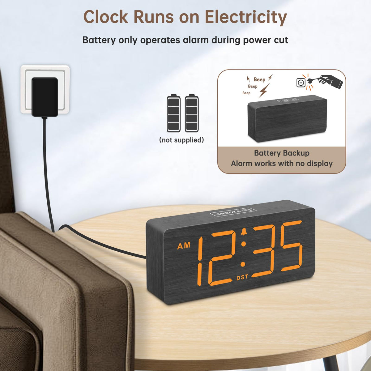 DreamSky wooden alarm clock dimmed display provides comfortable night lighting and minimal glare.