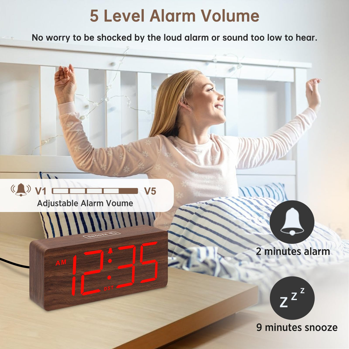 DreamSky clock with loud alarm 105dB helps heavy sleepers wake.