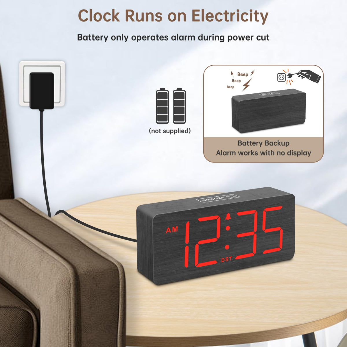 DreamSky wooden alarm clock showing dimmer controls for comfortable brightness at any hour.