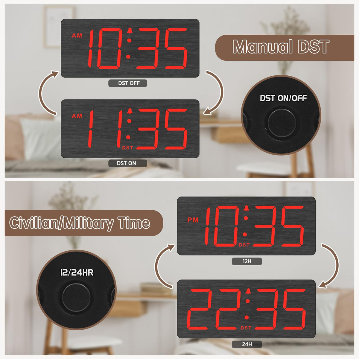 DreamSky clock DST and 12/24 hour mode for flexible timekeeping.
