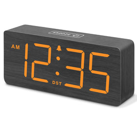 DreamSky wooden digital alarm clock front view highlights large numbers for clear room-wide visibility.