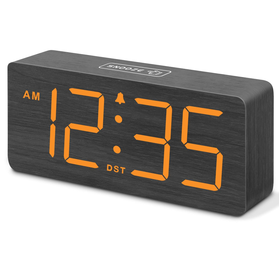 DreamSky wooden digital alarm clock front view highlights large numbers for clear room-wide visibility.