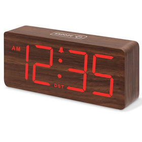 DreamSky wooden alarm clock front view with large numbers, ideal for bedrooms.