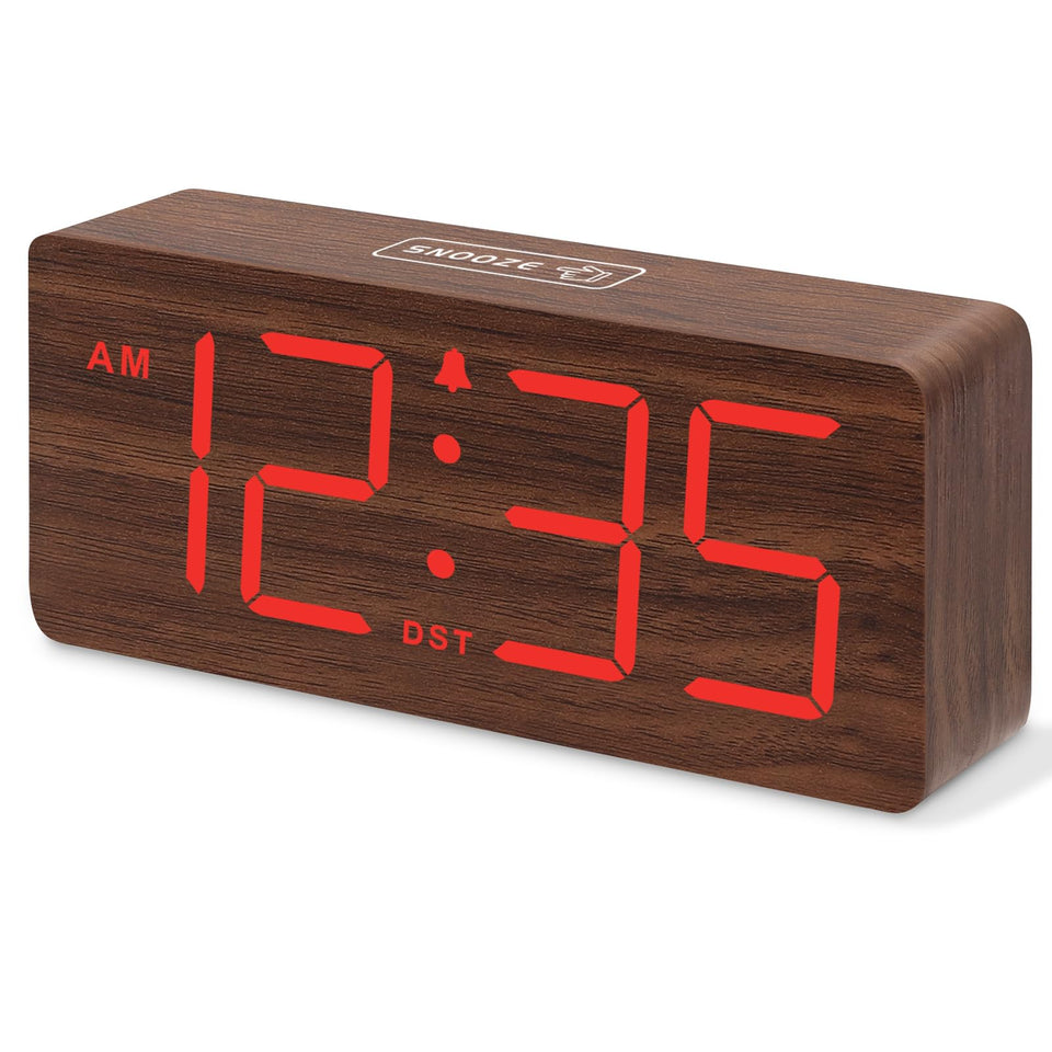 DreamSky wooden alarm clock front view with large numbers, ideal for bedrooms.