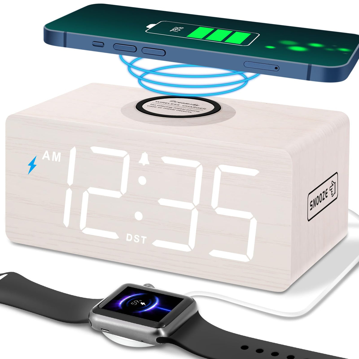 DreamSky wooden alarm clock, front view, large digits for easy nighttime reading.