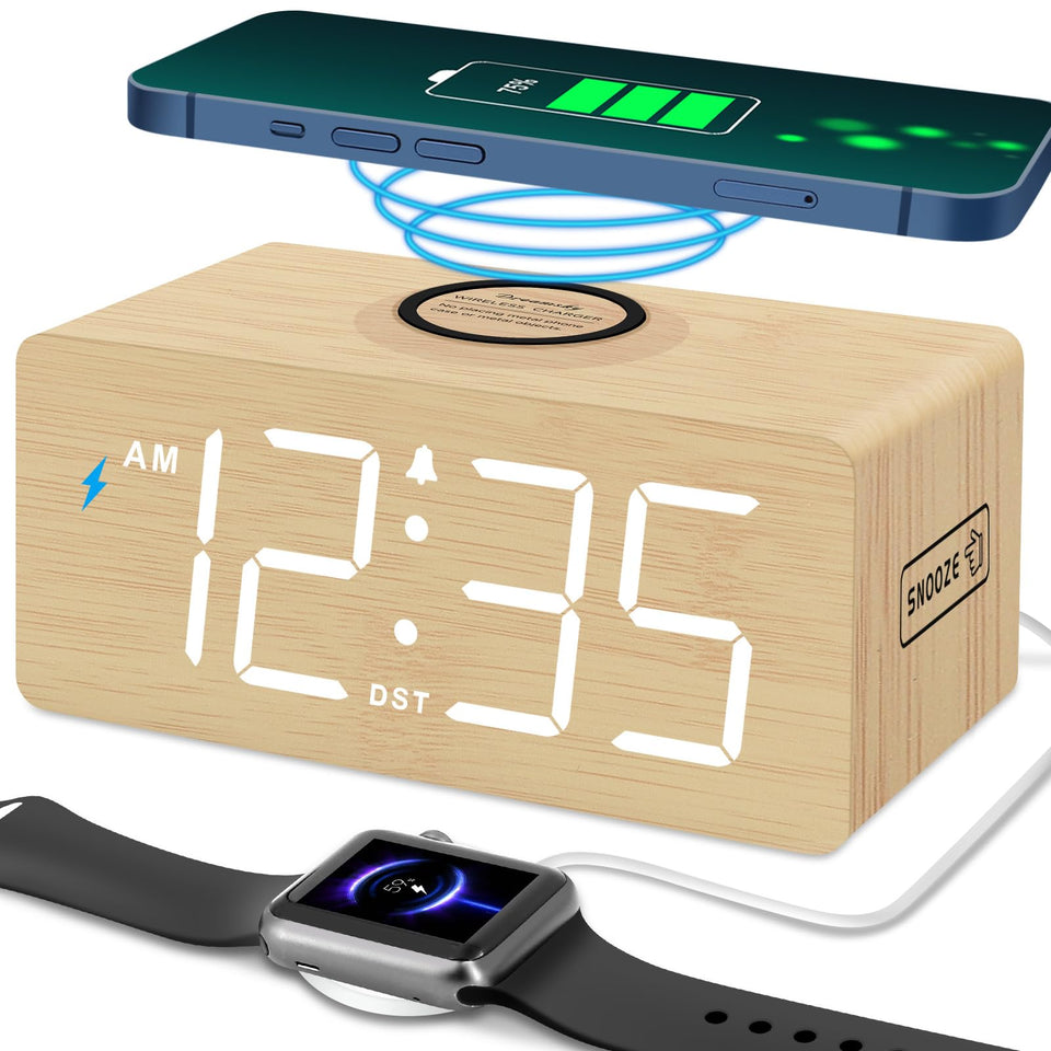 DreamSky wooden digital alarm clock front view for easy bedside timekeeping.