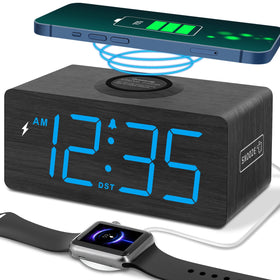 DreamSky wooden alarm clock front view with wireless charging for bedside convenience.