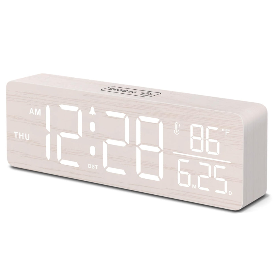 DreamSky wooden digital alarm clock front view with a large display for easy viewing